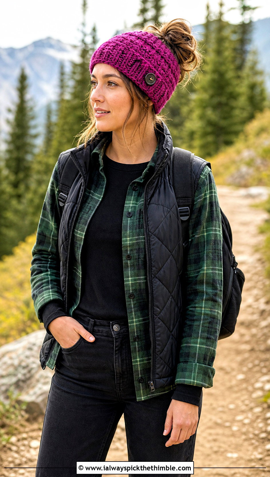 Button Tab Messy Bun Crochet Beanie With Flannel Shirt - 20 easy messy bun crochet beanie outfit ideas