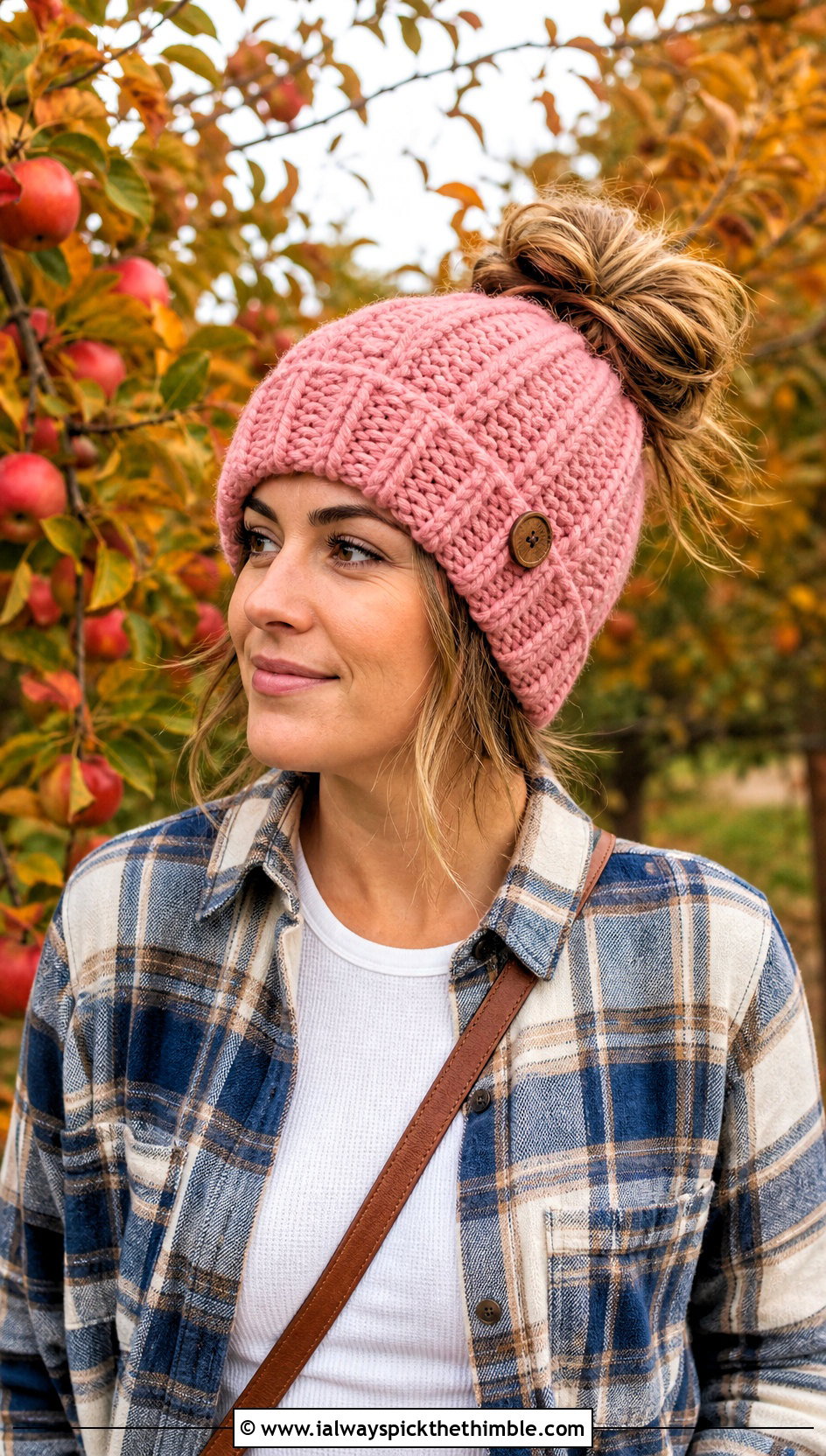 Button Tab Messy Bun Crochet Hat With Flannel Shirt - 20 Easy Messy Bun Crochet Hat outfit ideas