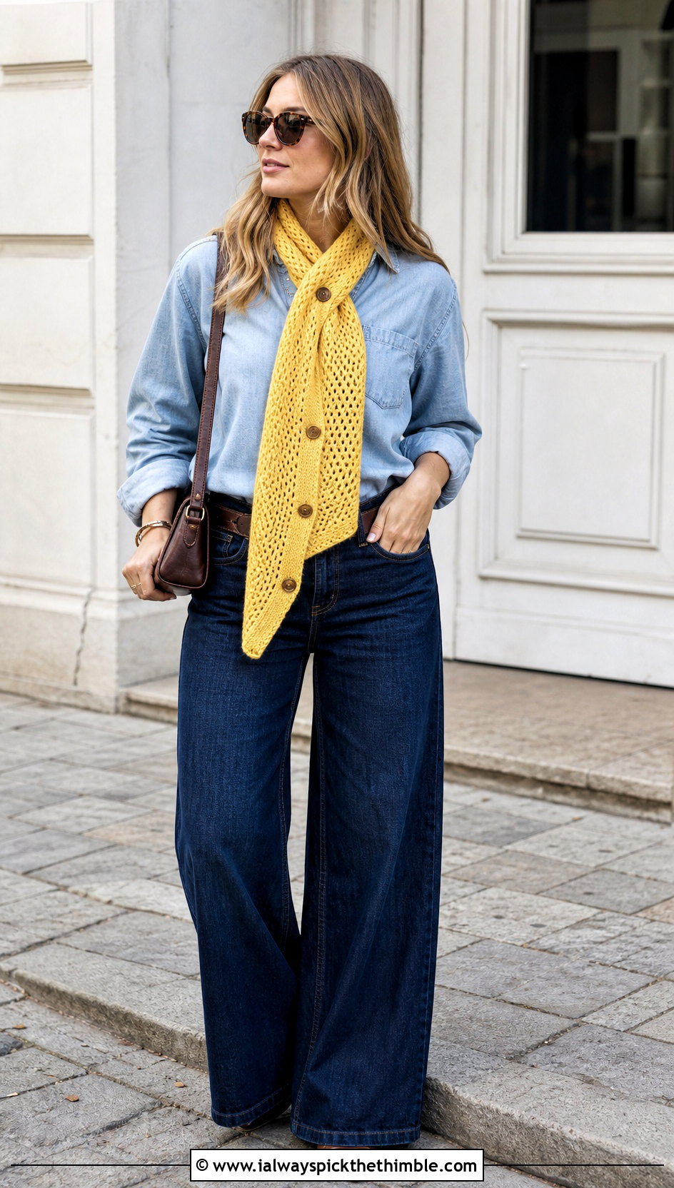 Button Through Keyhole Scarf With Double Denim - 15 Button Crochet Scarf outfit ideas