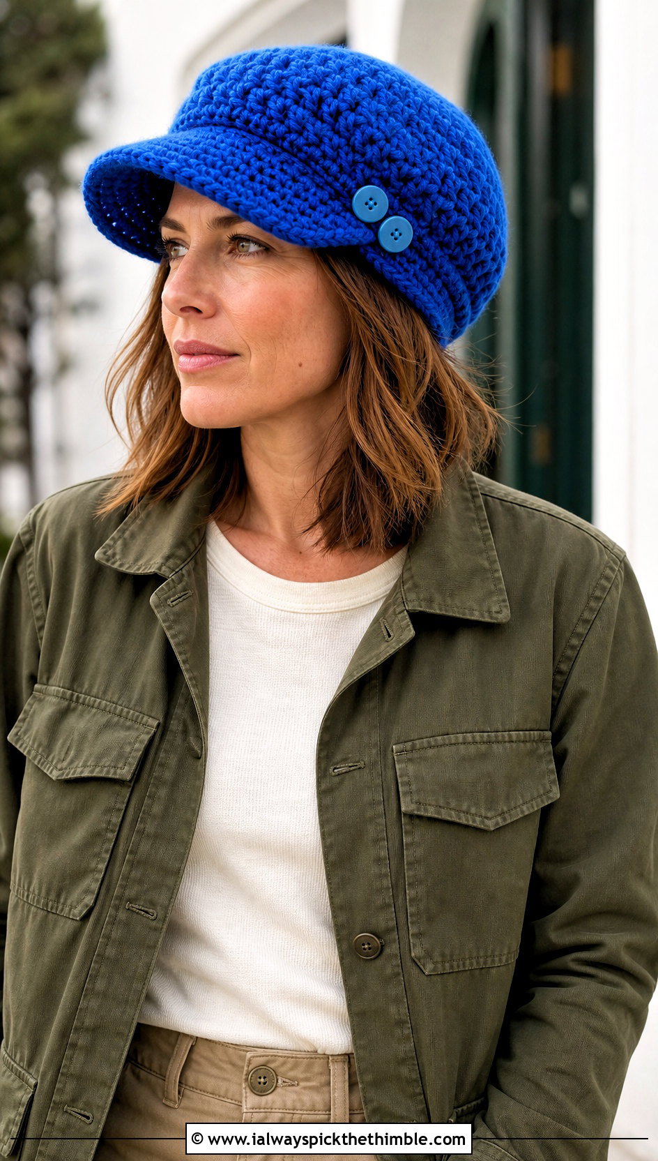 Button Trim Crochet Newsboy Hat With Utility Jacket And Chinos - 20 newsboy crochet hat outfit ideas