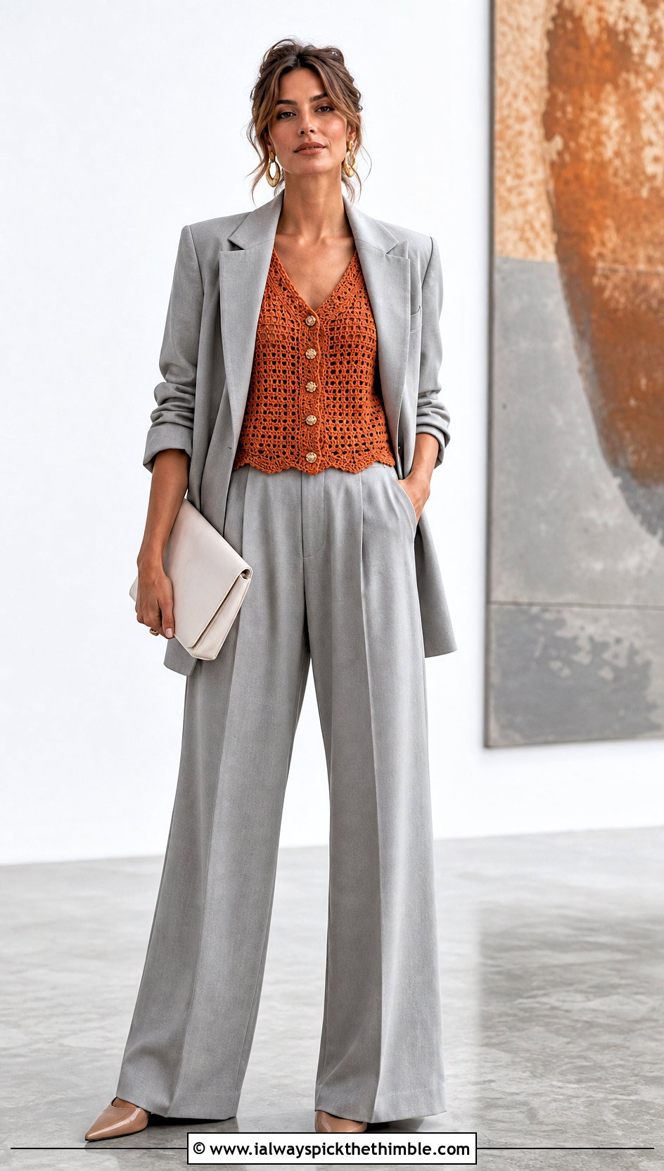 Button Trim Crochet V Neck Vest With Suit - 20 crochet v neck vest outfit ideas