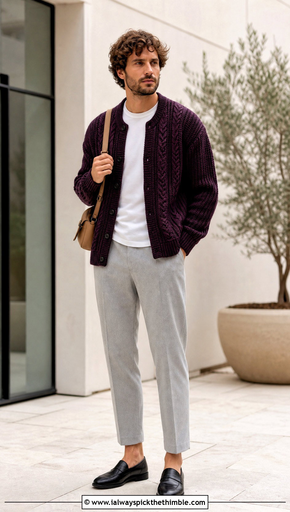 Button Up Cable Crochet Cardigan Sweater With Cropped Trousers - 15 Mens Cable Crochet Sweater outfit ideas