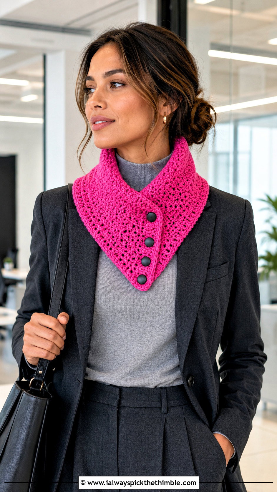 Buttoned 1 Skein Crochet Cowl With Blazer And Trousers - 15 1 Skein Crochet Cowl outfit ideas