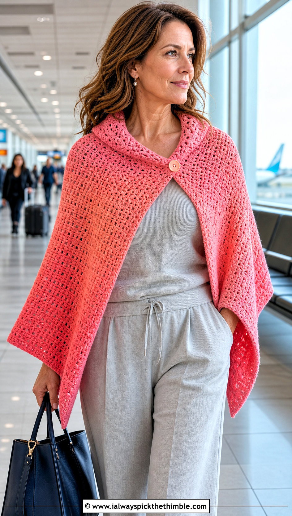 Buttoned Block Stitch Crochet Shawl With A Knit Travel Set - 15 Block Stitch Crochet Shawl outfit ideas