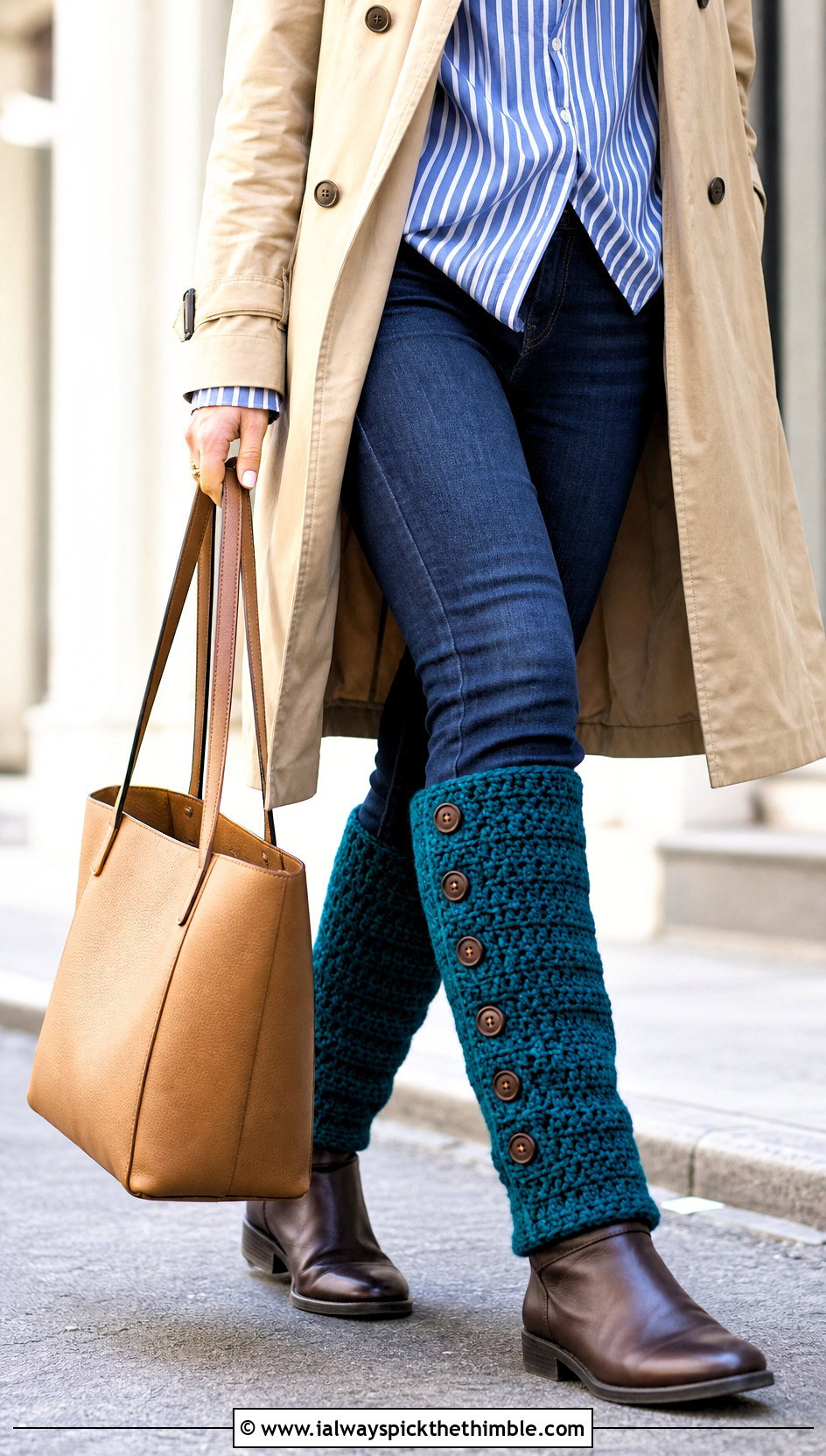 Buttoned Boot Cuff Crochet Leg Warmers With Trench Coat And Jeans - 25 crochet leg warmers outfit ideas