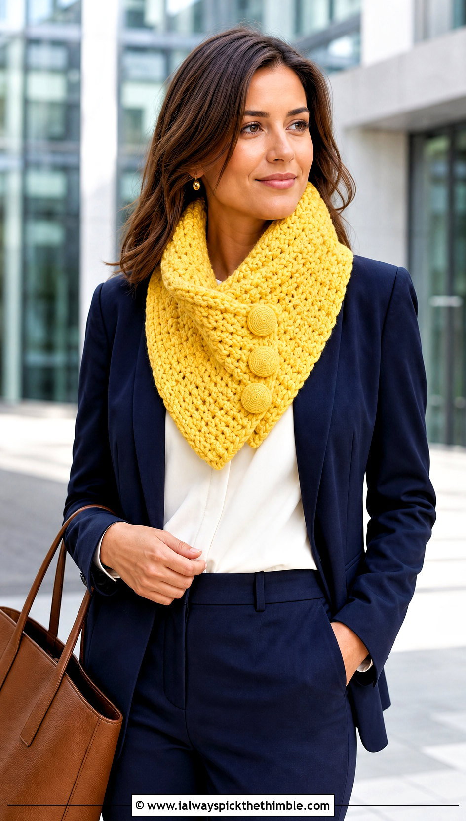 Buttoned Bulky Crochet Cowl With Blazer - 20 Bulky Crochet Cowl outfit ideas
