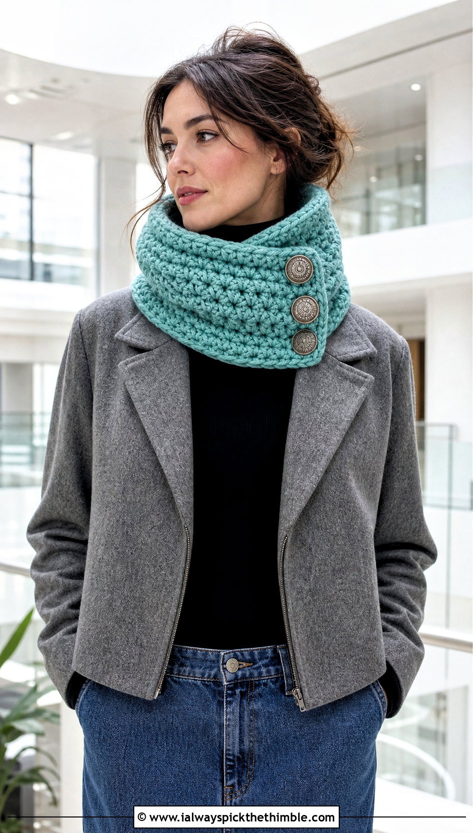 Buttoned Bulky Crochet Cowl With Midi Skirt - 20 bulky crochet scarf outfit ideas
