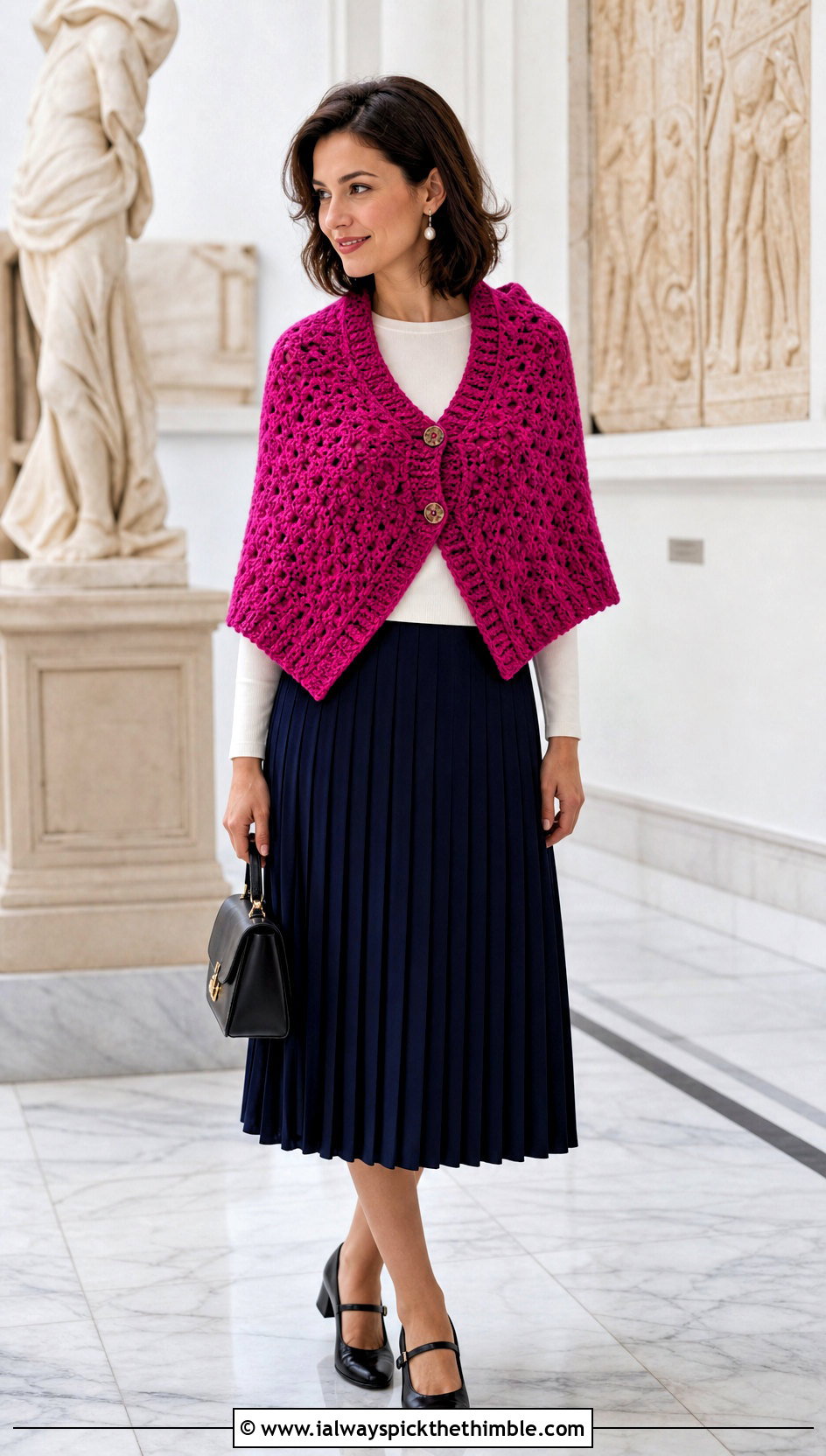 Buttoned Bulky Yarn Crochet Shawl With Pleated Skirt - 20 Bulky Yarn Crochet Shawl outfit ideas