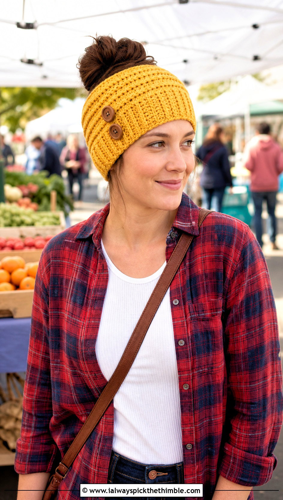 Buttoned Bun Crochet Hat With Plaid Shirt - 15 bun crochet hat outfit ideas