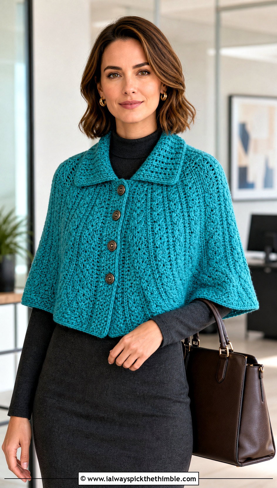 Buttoned Cable Capelet Shawl With Pencil Skirt - 15 Crochet Cable Shawl outfit ideas