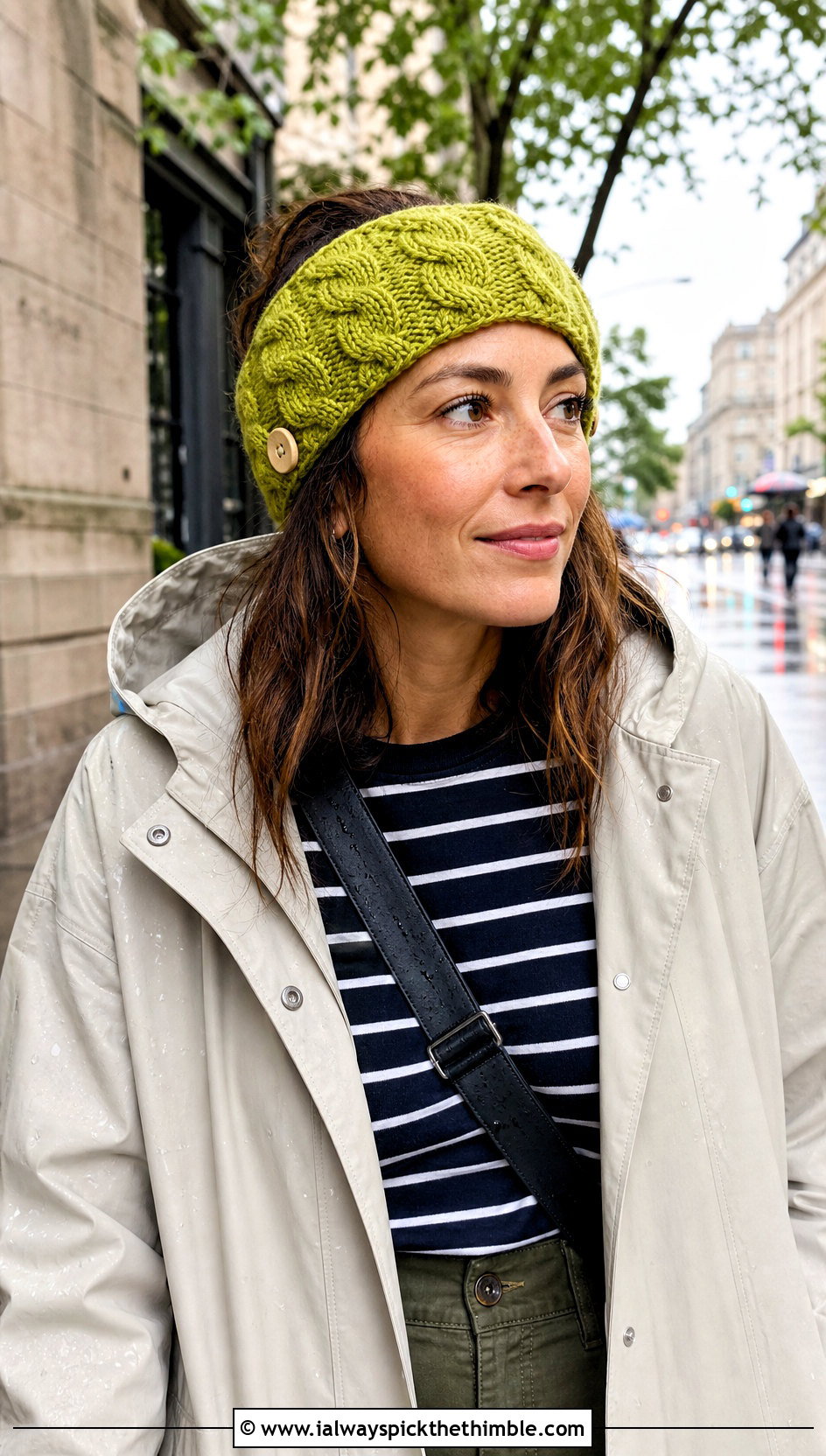Buttoned Cable Crochet Headband With Raincoat And Utility Pants - 15 cable crochet headband outfit ideas