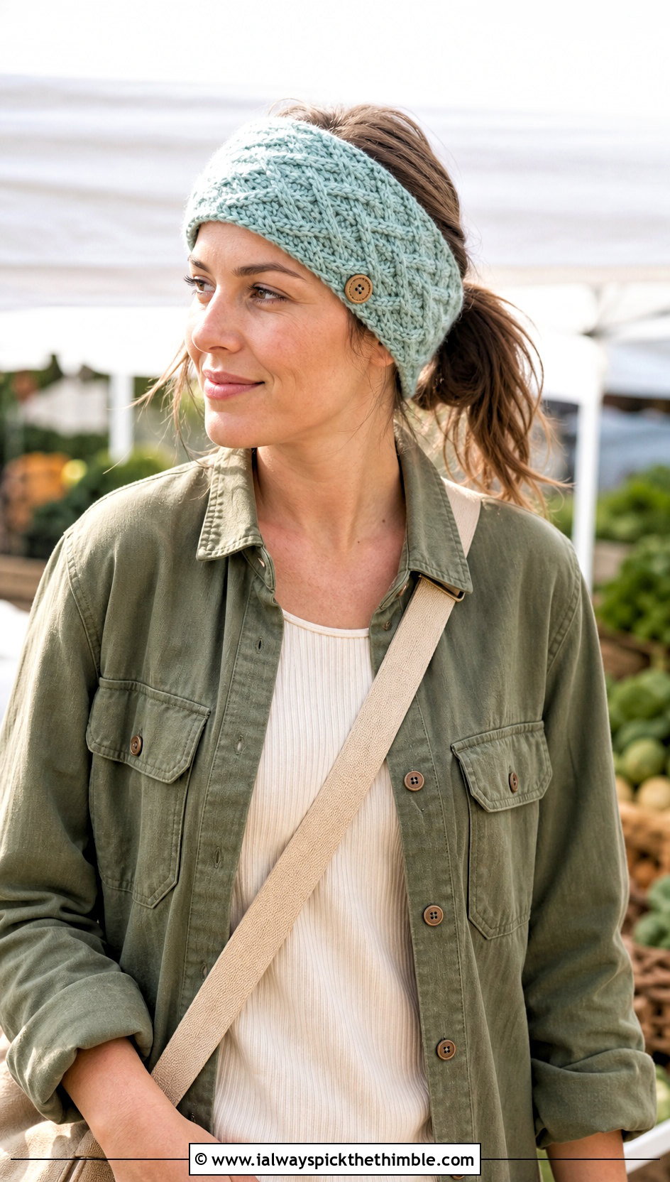 Buttoned Cable Crochet Headband With Shacket And Cargo Pants - 15 Cable Stitch Crochet Headband outfit ideas
