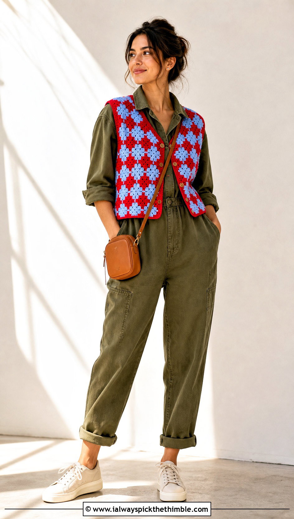 Buttoned Checkered Crochet Waistcoat With Utility Jumpsuit - 20 checkered crochet vest outfit ideas