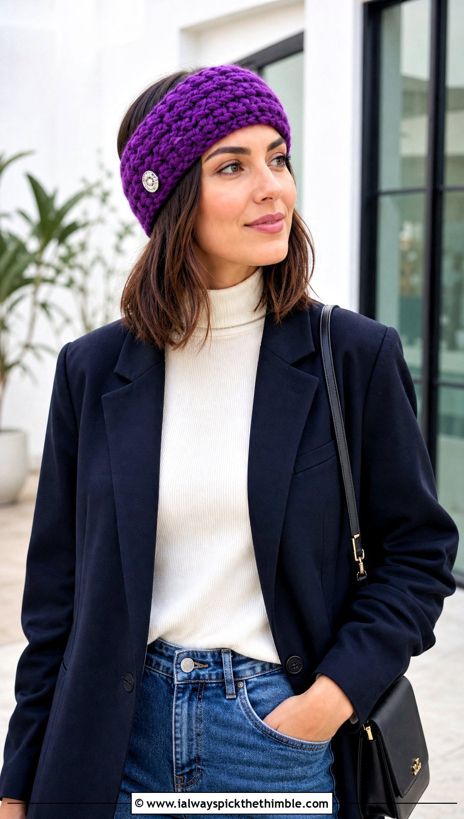 Buttoned Chunky Crochet Ear Warmer With Blazer And Jeans - 20 chunky crochet ear warmer outfit ideas