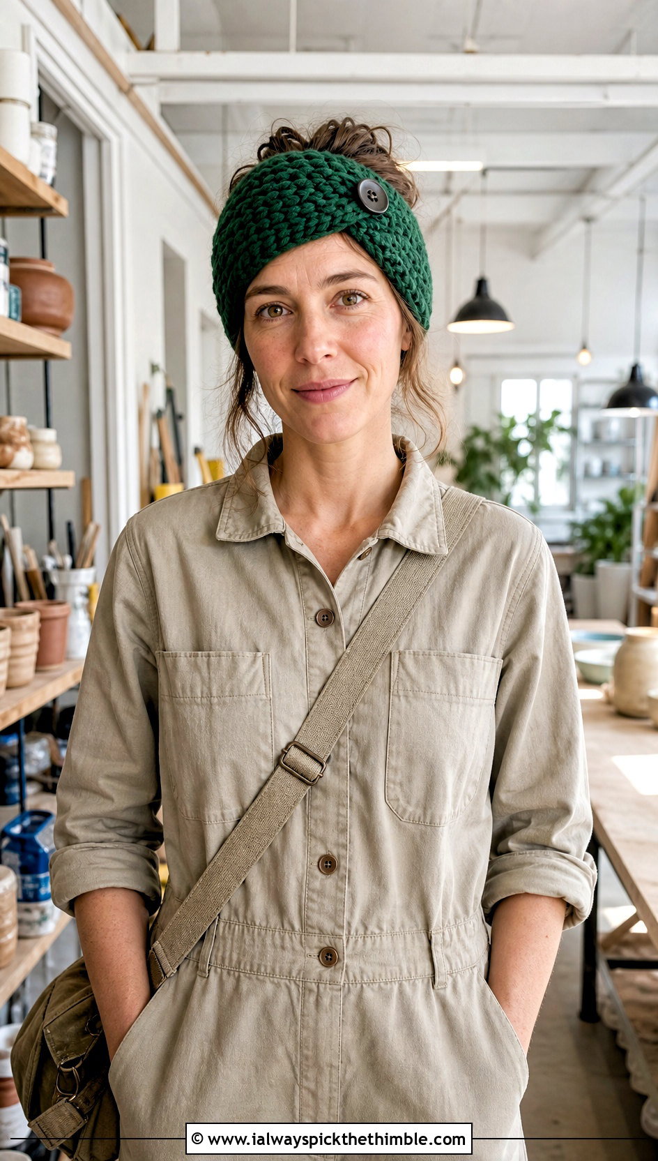 Buttoned Chunky Crochet Headband With Utility Jumpsuit - 20 chunky crochet headband outfit ideas