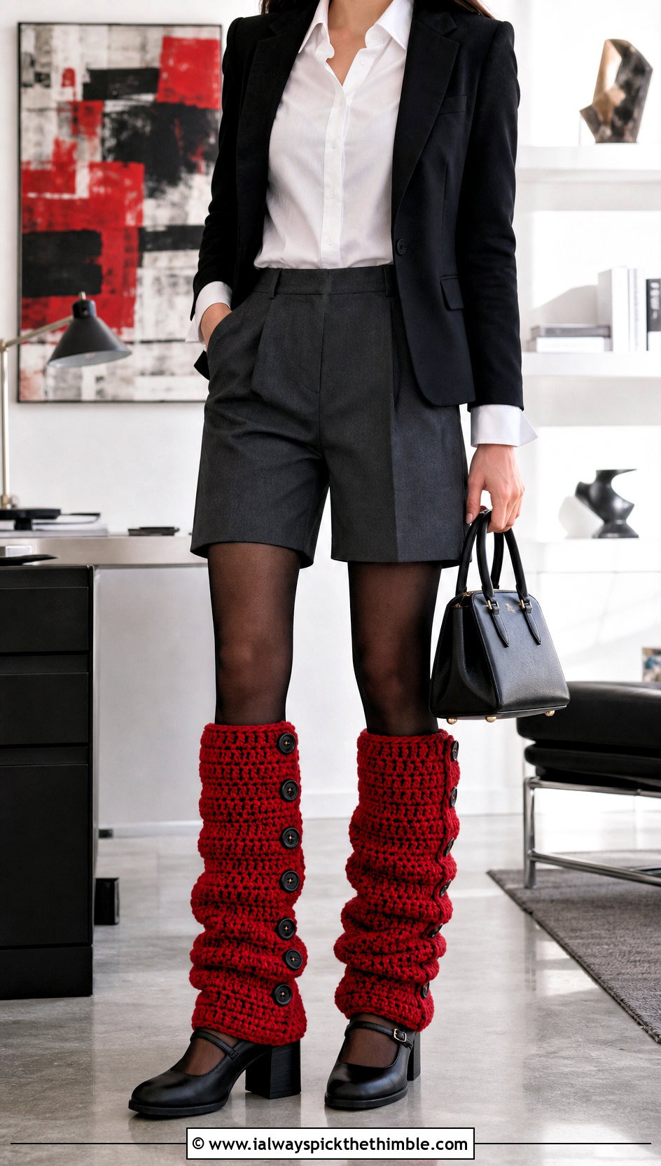 Buttoned Chunky Crochet Leg Warmers With Tailored Shorts And Mary Janes - 20 chunky crochet leg warmers outfit ideas