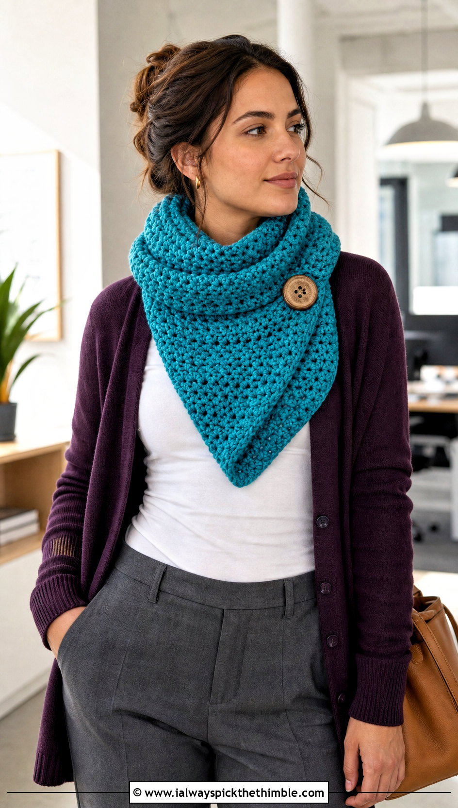 Buttoned Chunky Crochet Scarf With Cardigan - 25 chunky crochet scarf outfit ideas