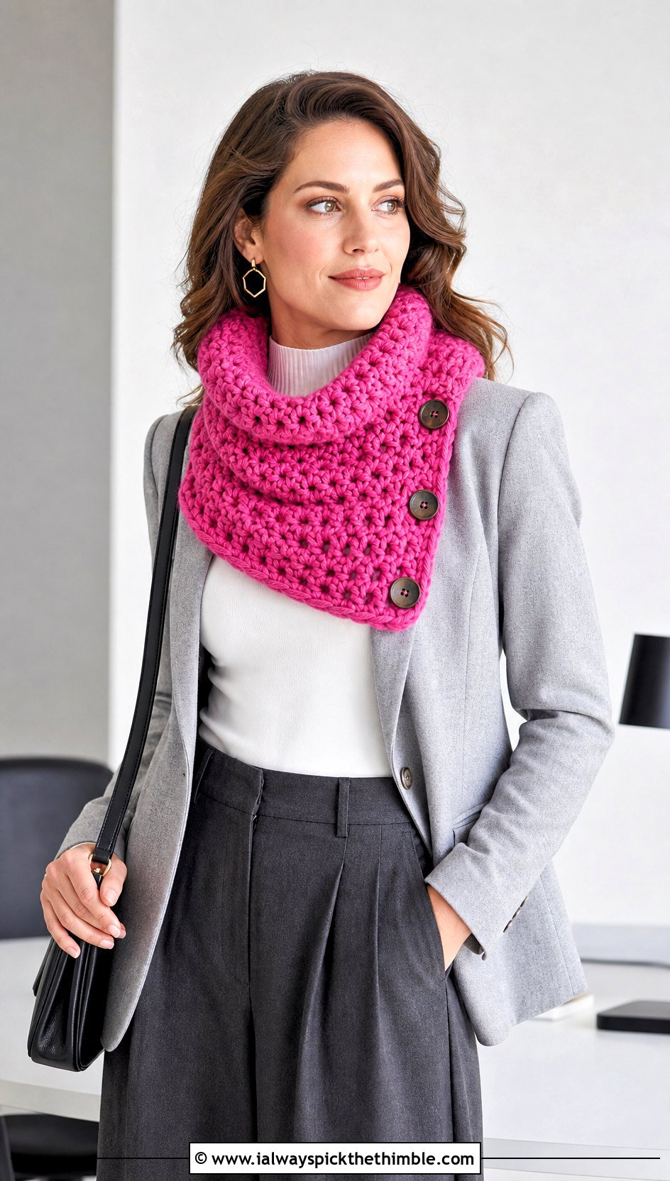 Buttoned Chunky Yarn Crochet Cowl With Blazer And Wide Leg Trousers - 20 Chunky Yarn Crochet Cowl outfit ideas