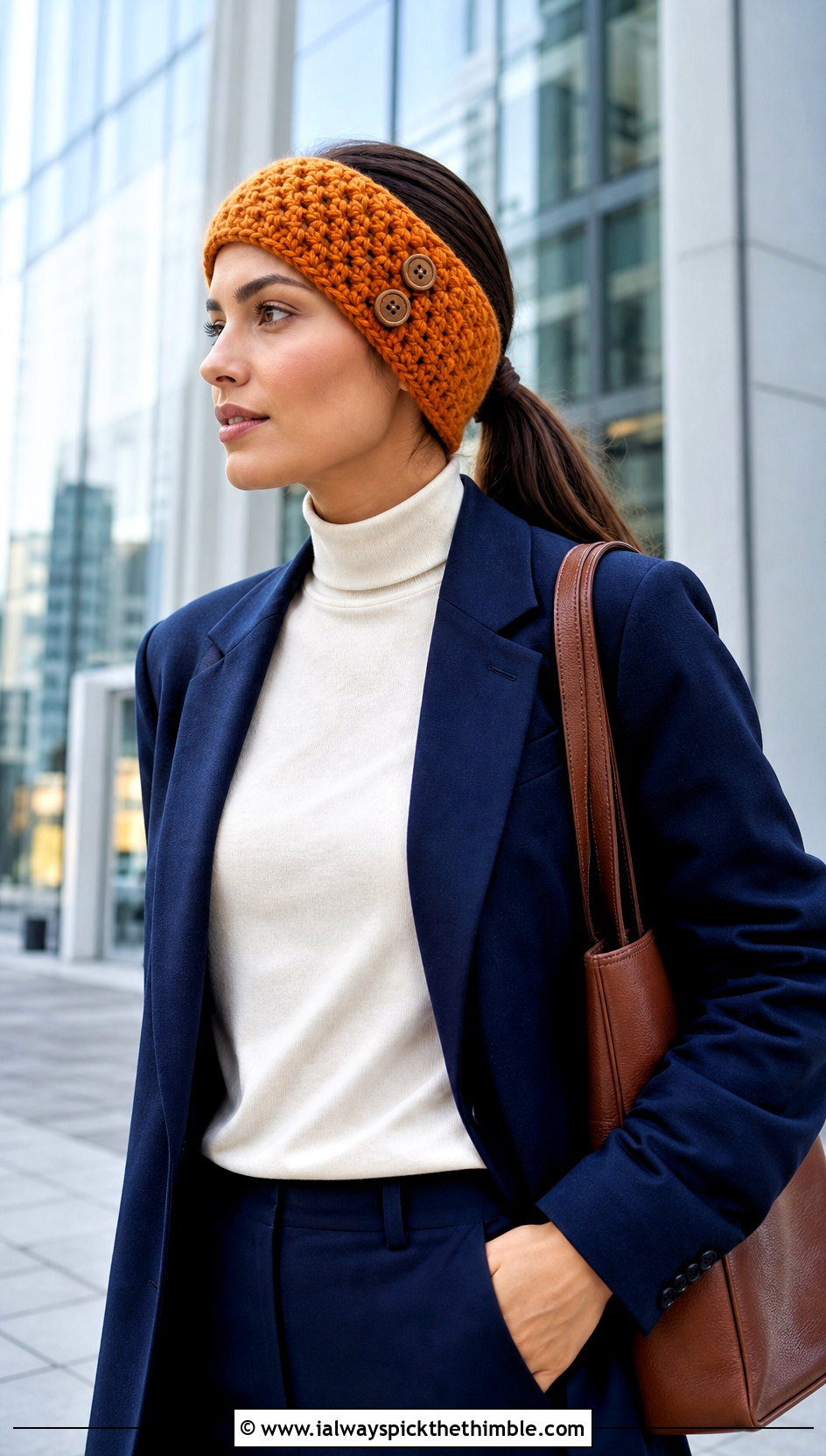 Buttoned Chunky Yarn Crochet Ear Warmer With Trouser Suit - 20 chunky yarn crochet ear warmer outfit ideas