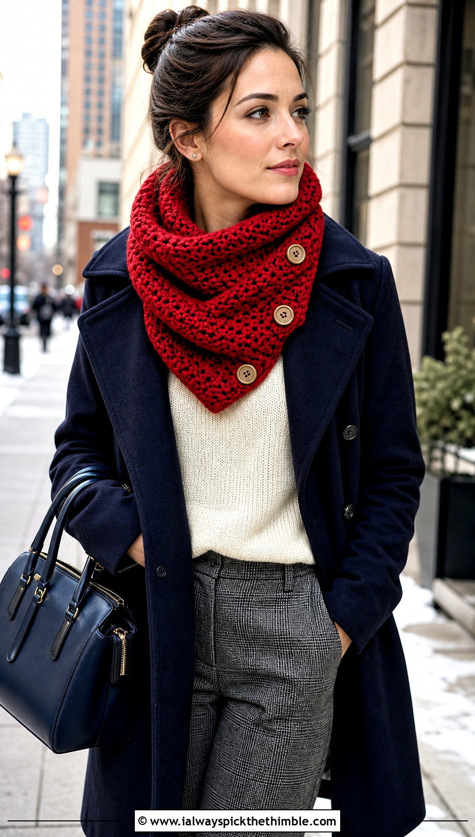 Buttoned Convertible Crochet Infinity Scarf With Peacoat And Plaid Trousers - 15 Crochet Infinity Scarf On Hanger outfit ideas
