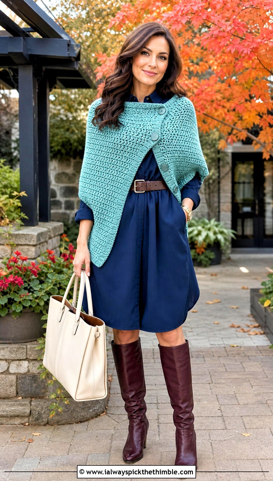 Buttoned Convertible Crossbody Crochet Cowl With Shirt Dress - 15 Crossbody Crochet Cowl outfit ideas