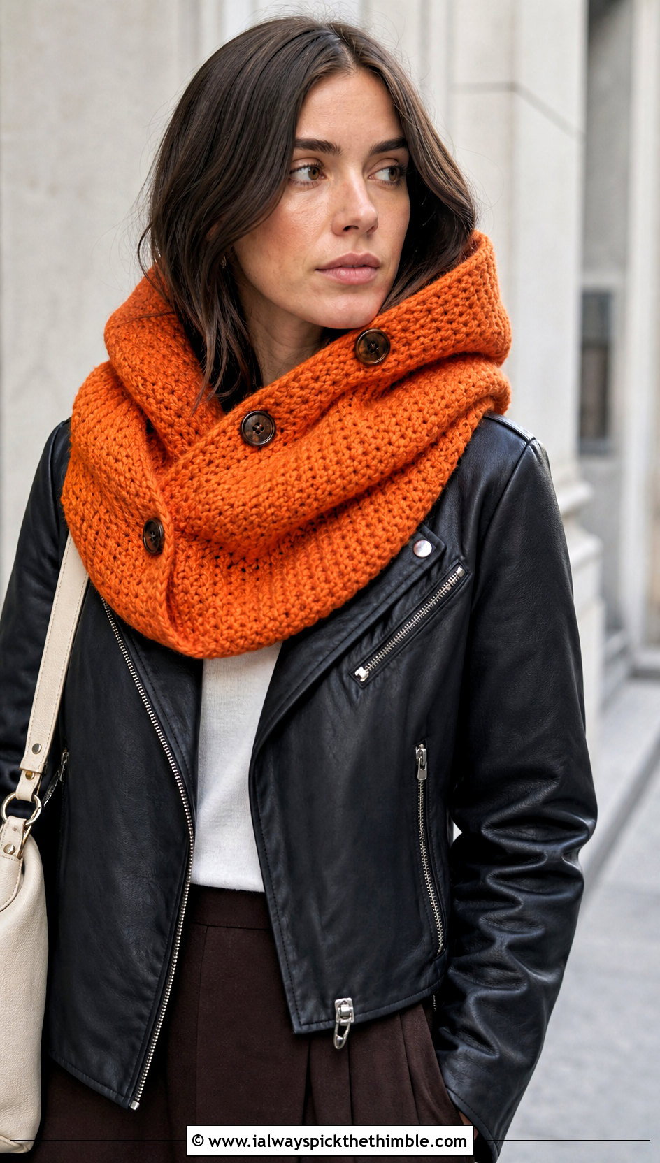 Buttoned Convertible Hooded Infinity Scarf With Leather Jacket - 15 crochet infinity scarf with hood outfit ideas