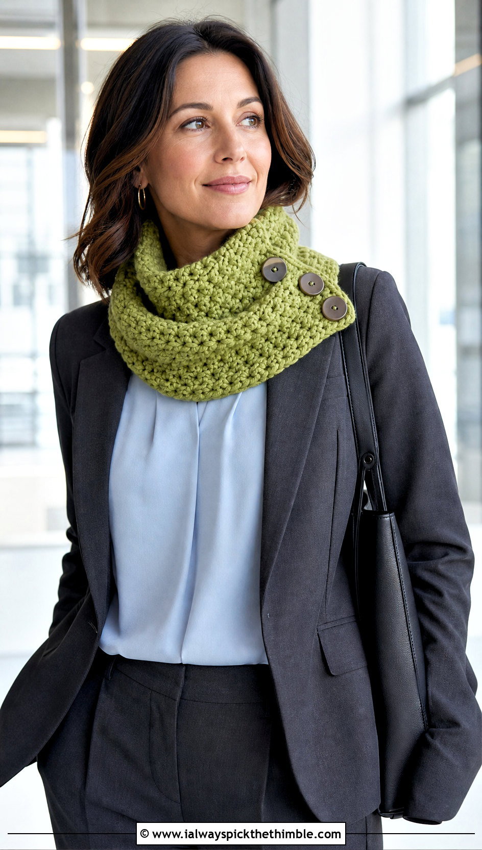 Buttoned Cowl Bulky Yarn Crochet Scarf With Office Suit - 20 bulky yarn crochet scarf outfit ideas