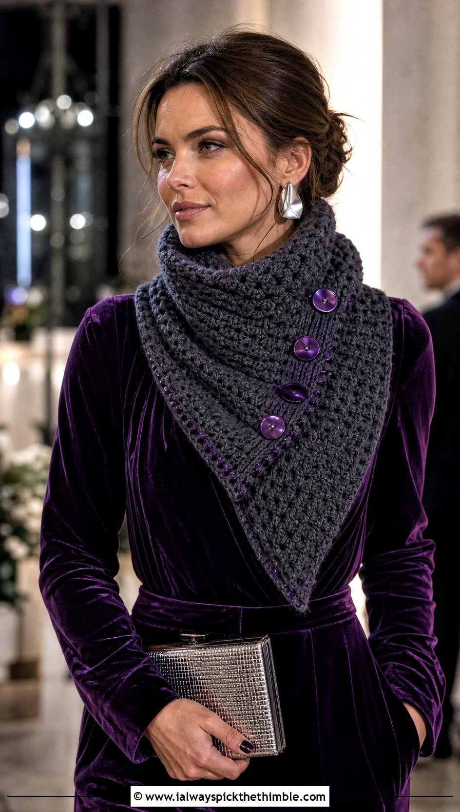 Buttoned Cowl Chunky Gray Crochet Scarf With Velvet Jumpsuit - 15 Chunky Gray Crochet Scarf outfit ideas