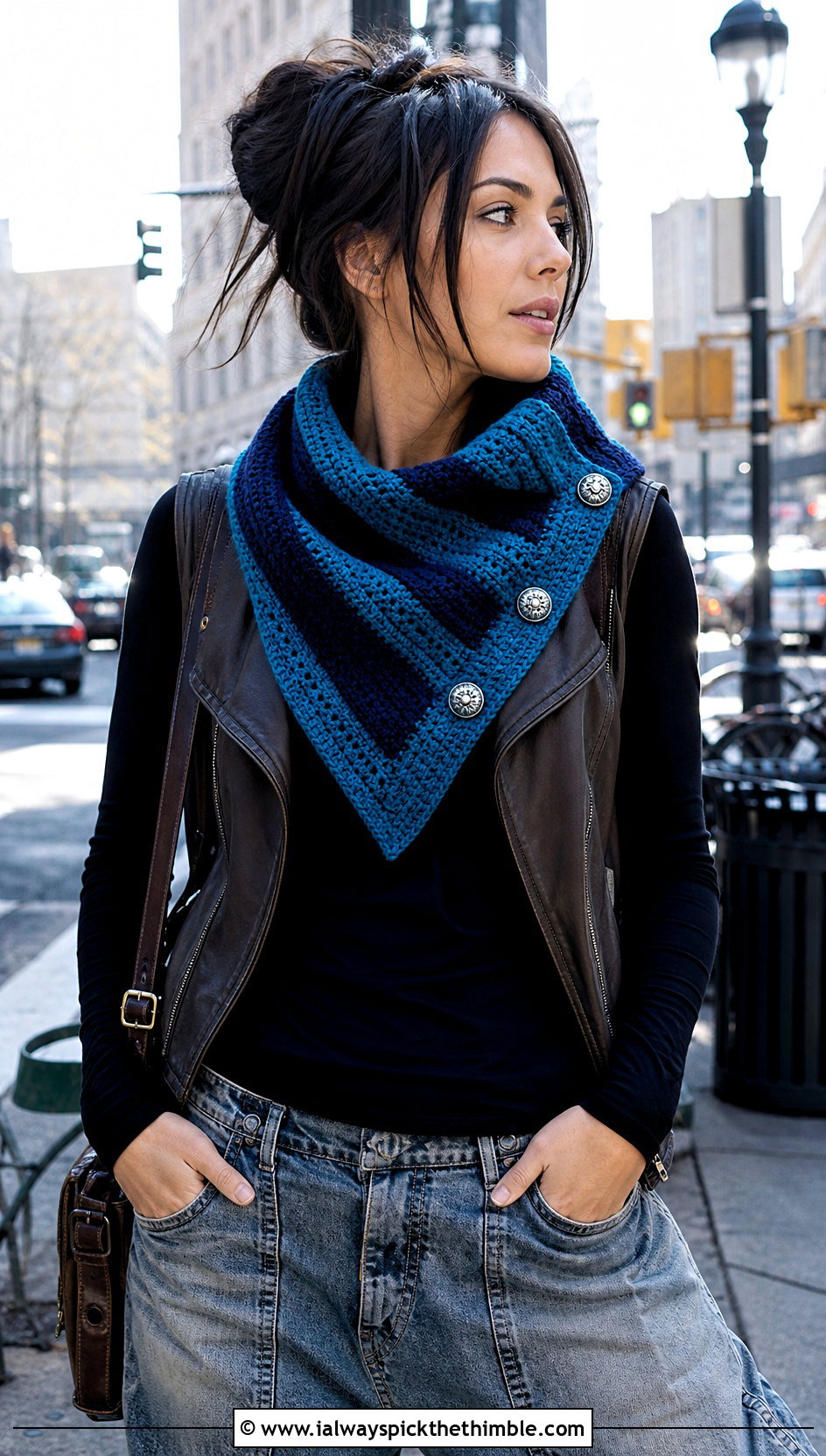 Buttoned Cowl Crochet Ravenclaw Scarf With Moto Vest - 25 crochet ravenclaw scarf outfit ideas