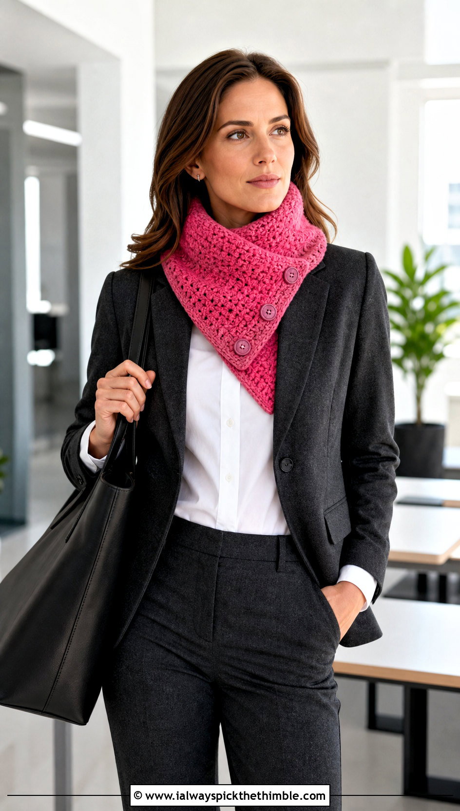 Buttoned Cowl Neck Crochet Scarf With Blazer - 20 Cowl Neck Crochet Scarf outfit ideas