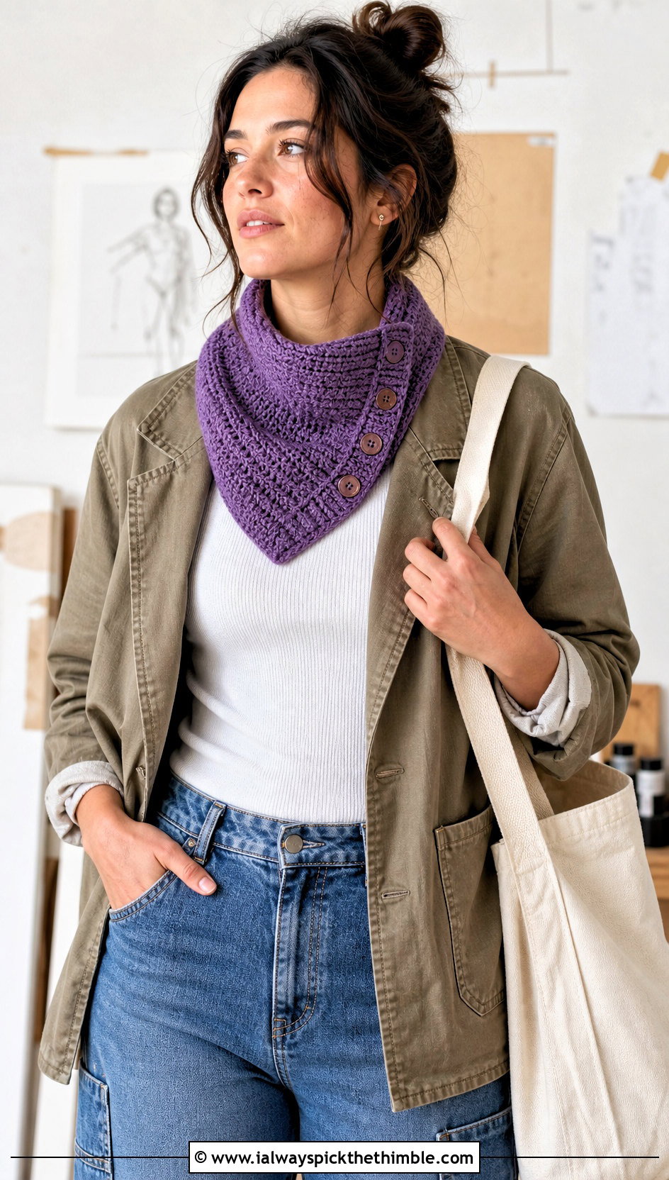 Buttoned Crochet Bandana Cowl With Chore Coat - 20 crochet bandana cowl outfit ideas