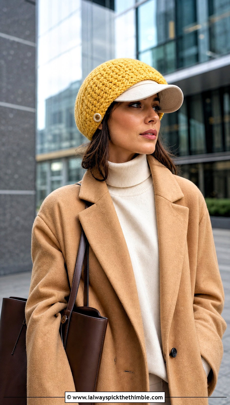 Buttoned Crochet Baseball Cap Ear Warmer With Wool Coat - 20 crochet baseball cap ear warmer outfit ideas