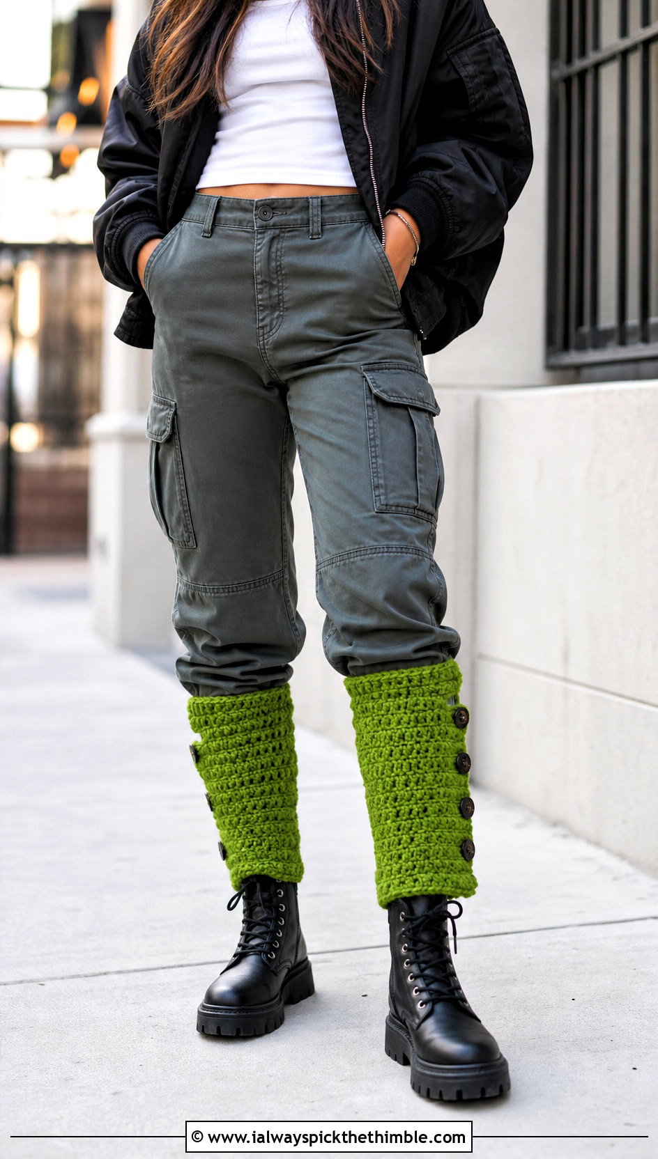 Buttoned Crochet Boot Cuffs With Cargo Pants And Combat Boots - 20 crochet boot cuff outfit ideas
