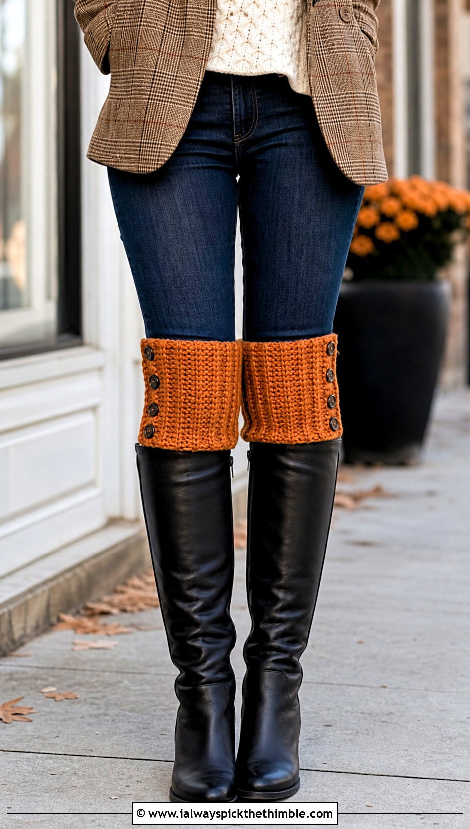 Buttoned Crochet Boot Cuffs With Plaid Blazer - 25 crochet boot cuffs outfit ideas