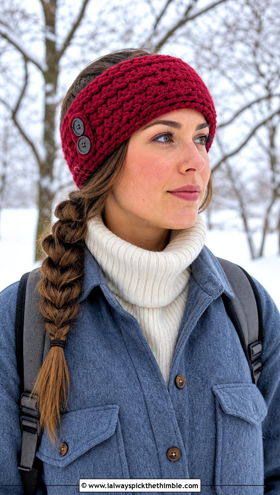 Buttoned Crochet Braid Ear Warmer With Shacket And Thermal Leggings - 20 crochet braid headband outfit ideas