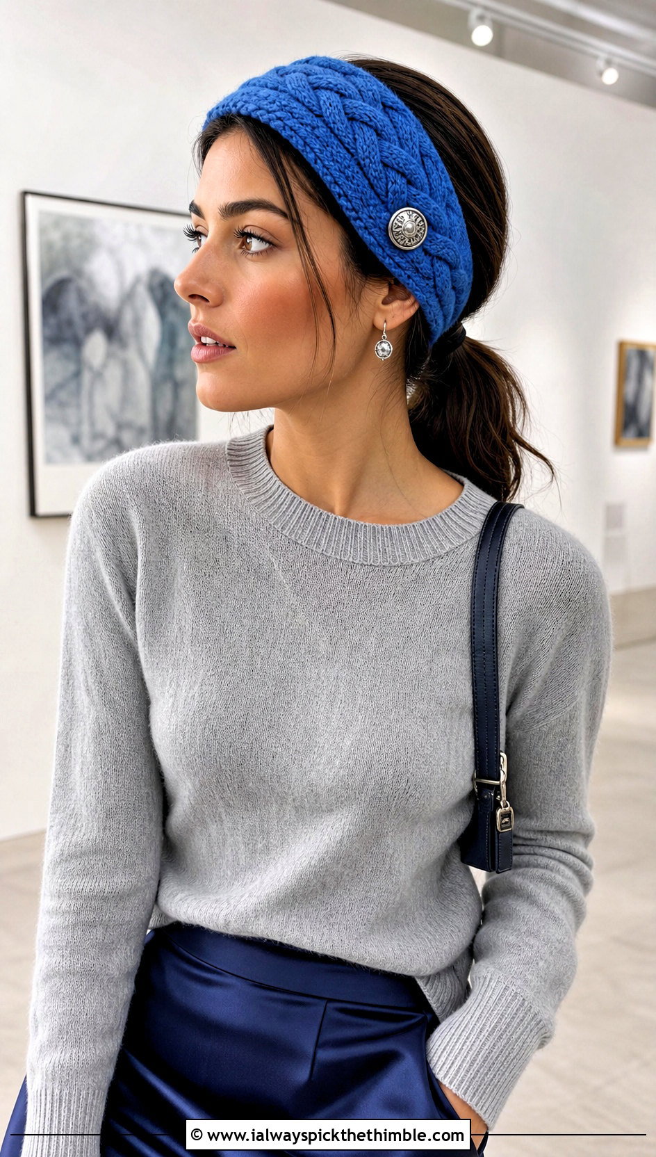 Buttoned Crochet Cable Headband With Satin Skirt And Sweater - 20 crochet cable headband outfit ideas