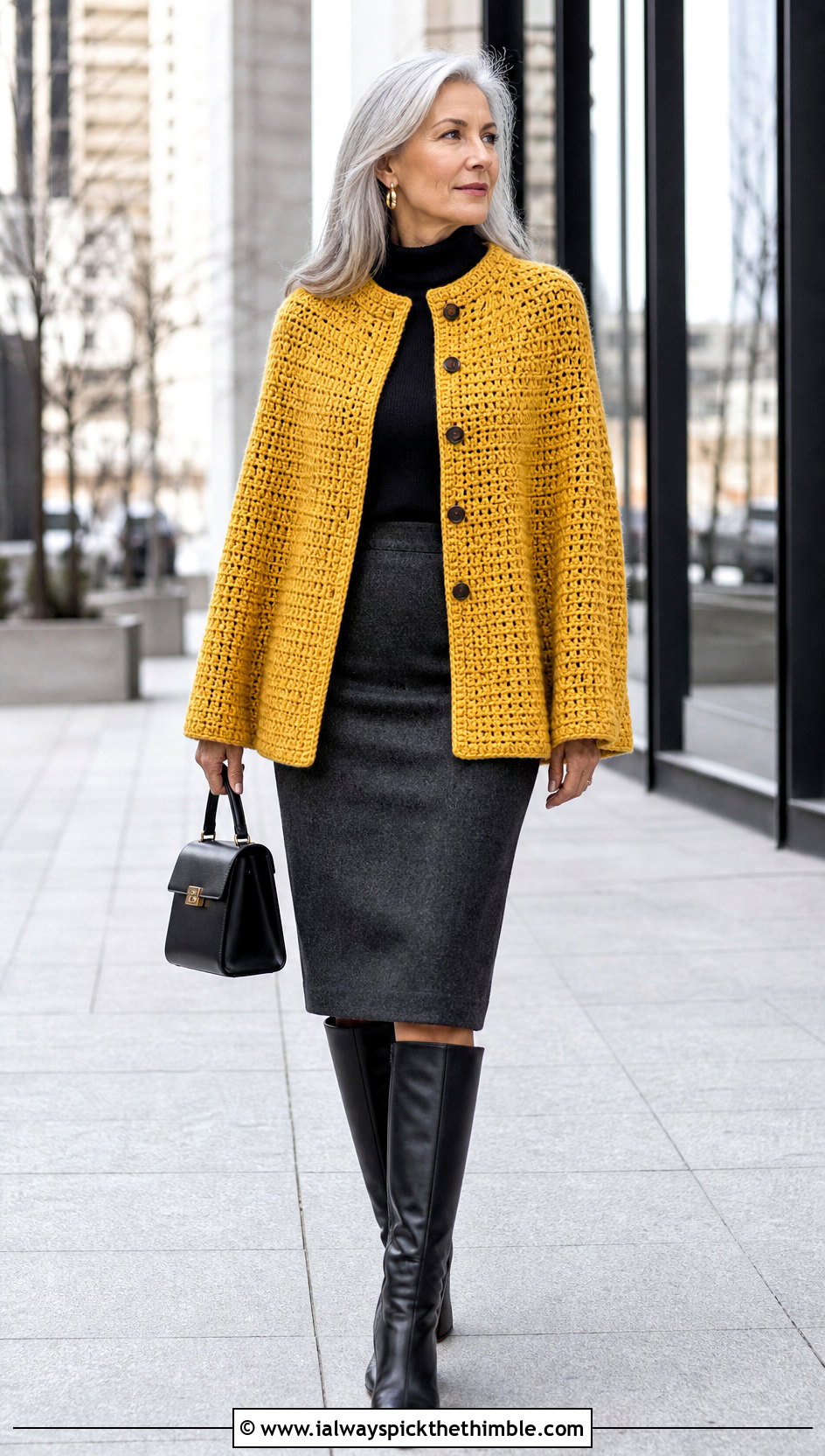 Buttoned Crochet Cape With Pencil Skirt - 20 Winter Crochet Clothes and outfit ideas