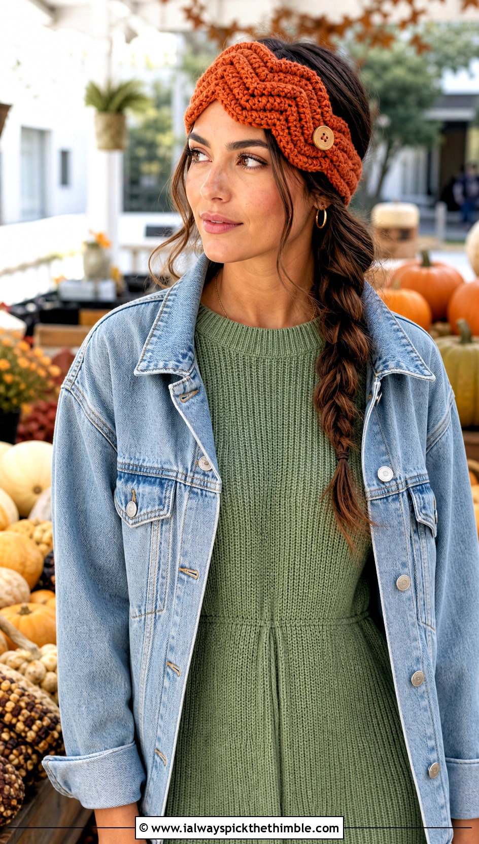 Buttoned Crochet Chevron Headband With Denim Jacket And Knit Dress - 15 Crochet Chevron Headband outfit ideas
