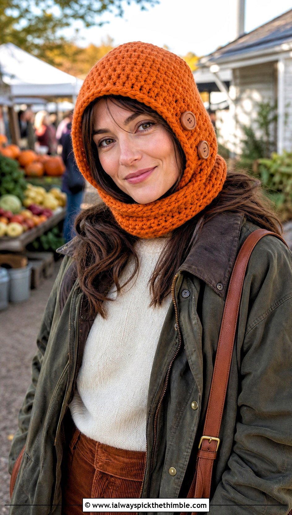 Buttoned Crochet Cowl Hat With Barn Jacket And Corduroy Pants - 20 crochet cowl hat outfit ideas