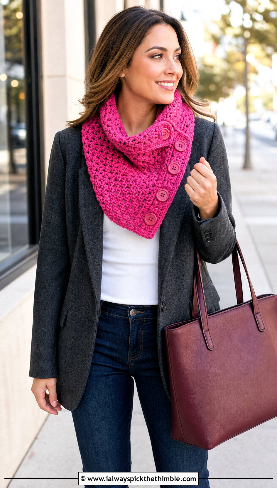 Buttoned Crochet Cowl Scarf With Blazer And Jeans - 25 crochet cowell scarf outfit ideas