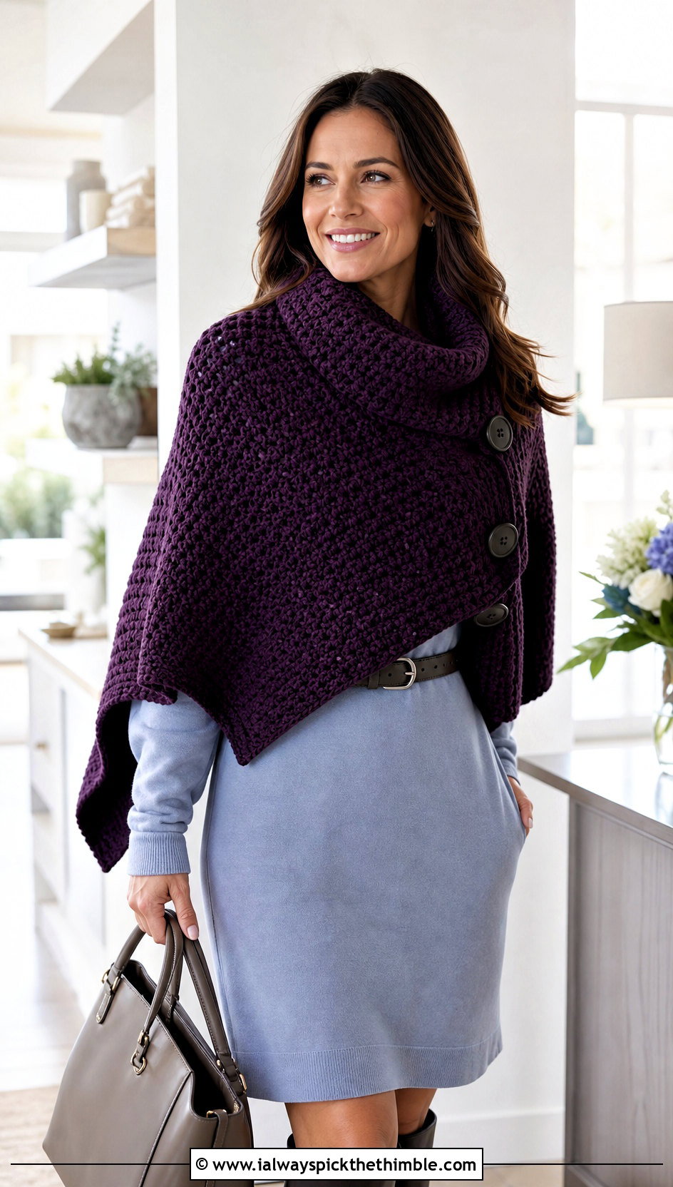 Buttoned Crochet Cowl Shawl With Sweater Dress - 20 crochet cowl shawl outfit ideas