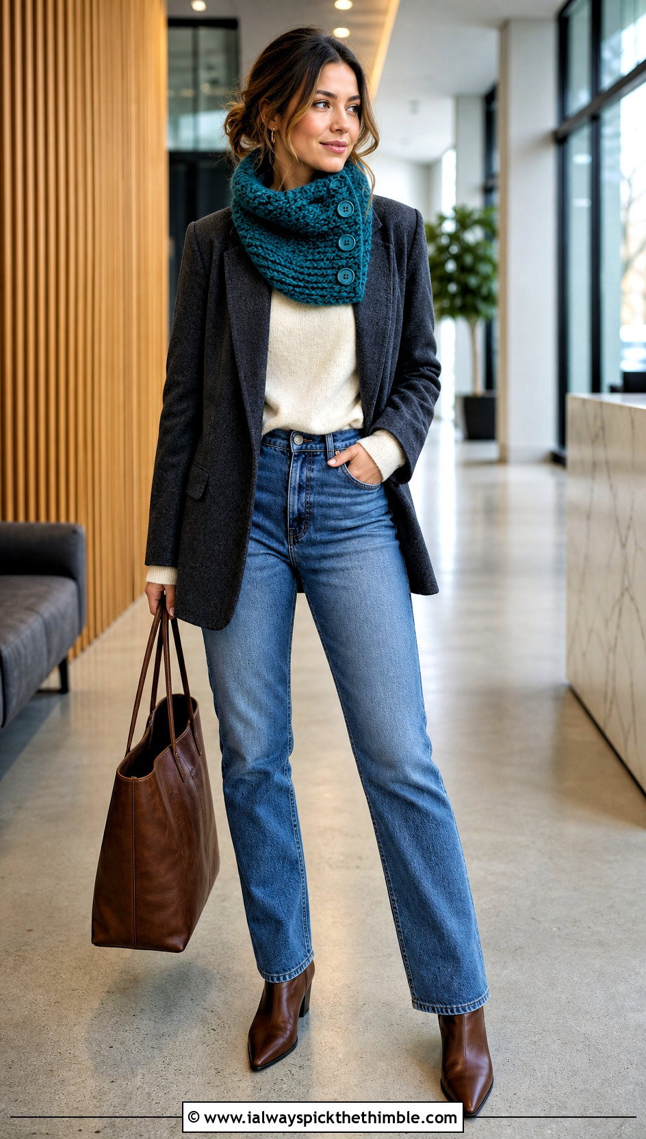 Buttoned Crochet Cowl With Blazer And Jeans - 20 Wool Ease Thick And Quick Crochet Cowl outfit ideas