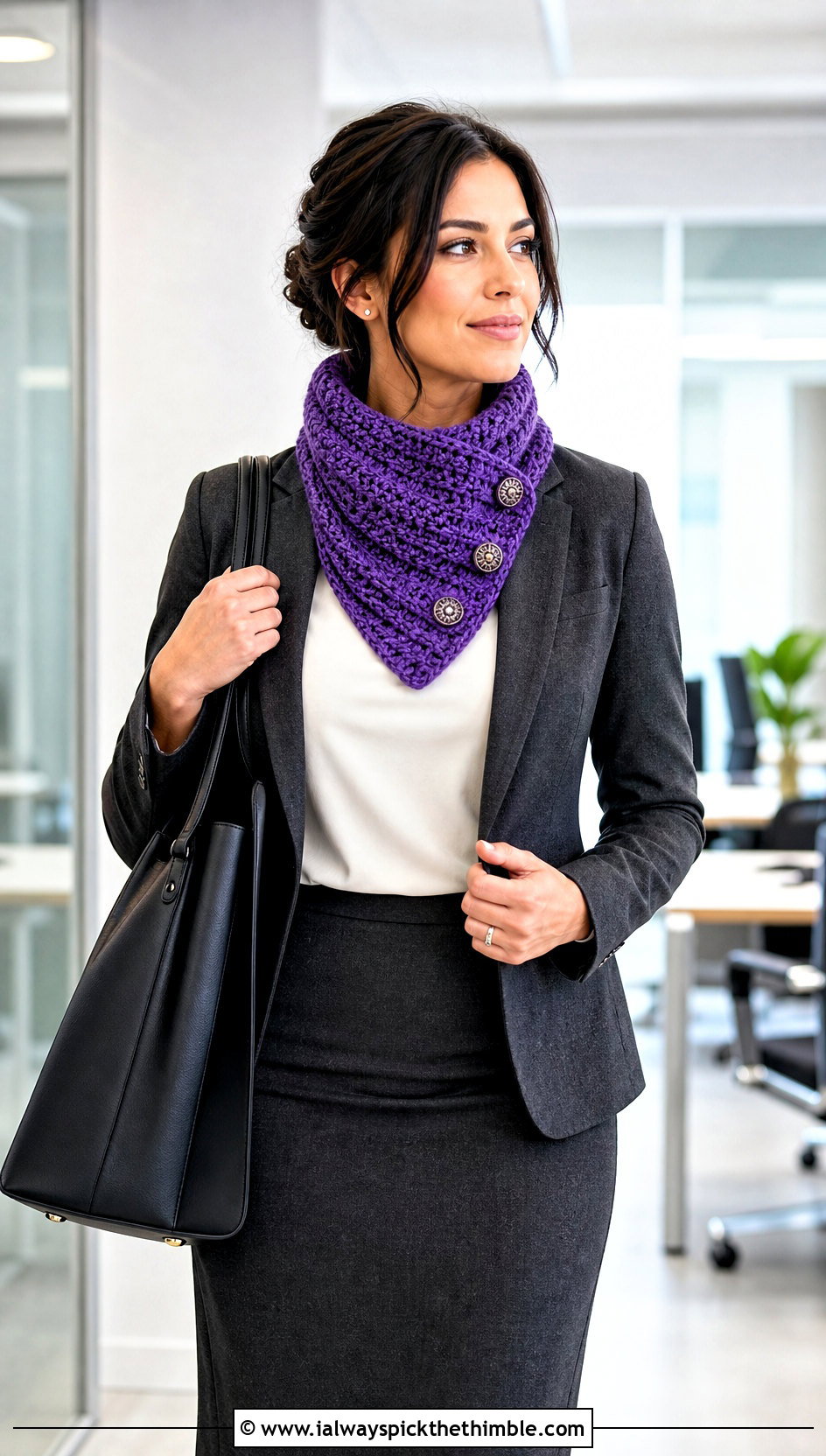 Buttoned Crochet Cowl With Blazer And Pencil Skirt - 20 Simple Crochet Cowl outfit ideas