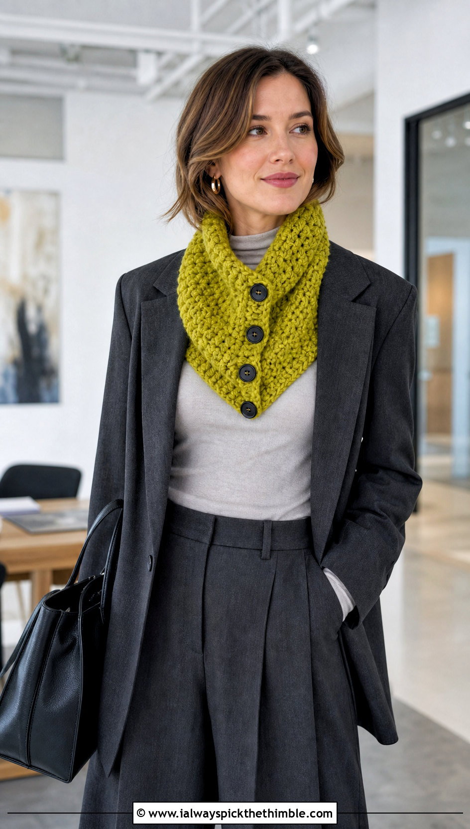 Buttoned Crochet Cowl With Blazer And Trousers - 15 Super Bulky Crochet Scarf outfit ideas