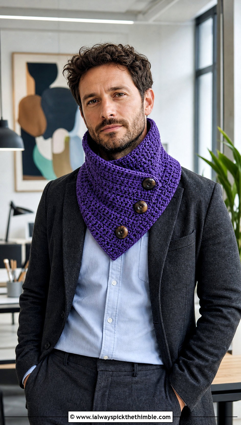 Buttoned Crochet Cowl With Blazer - 20 crochet cowl for men outfit ideas