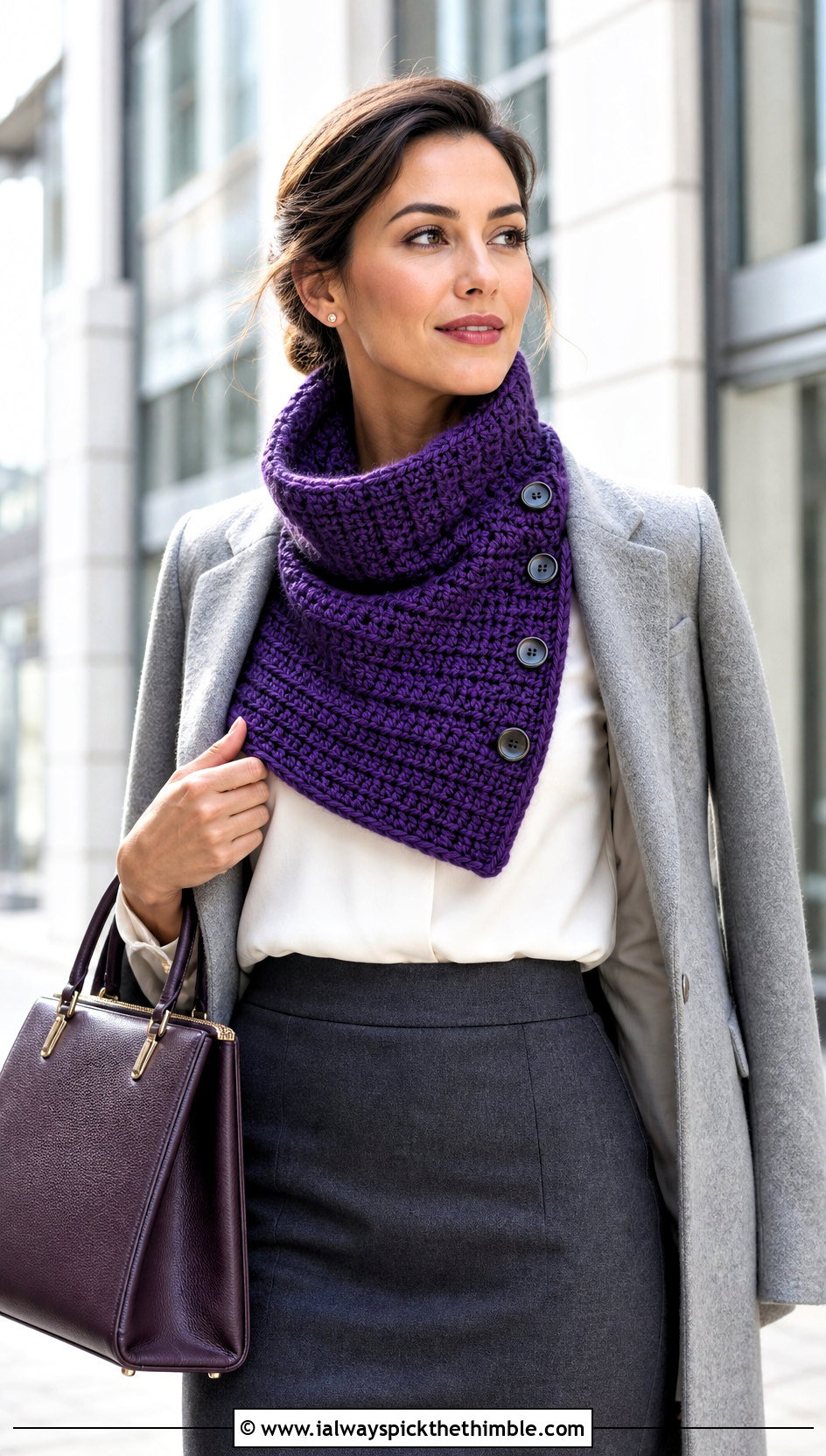 Buttoned Crochet Cowl With Blouse And Midi Skirt - 20 cowl crochet scarf outfit ideas