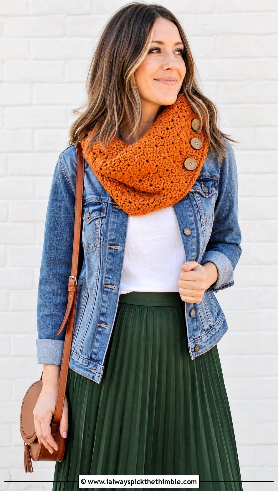 Buttoned Crochet Cowl With Denim Jacket And Midi Skirt - 25 crochet neck warmer cowls outfit ideas