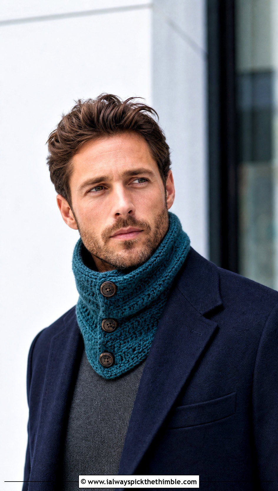 Buttoned Crochet Cowl With Wool Overcoat - 20 Men Crochet Cowl outfit ideas