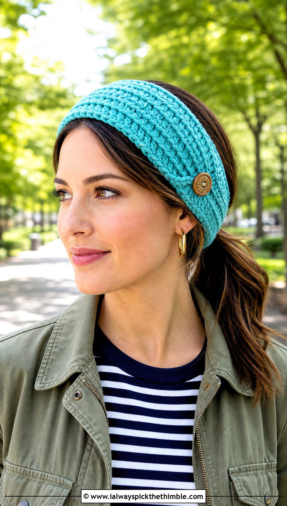 Buttoned Crochet Ear Headband With Utility Jacket - 20 crochet ear headband outfit ideas