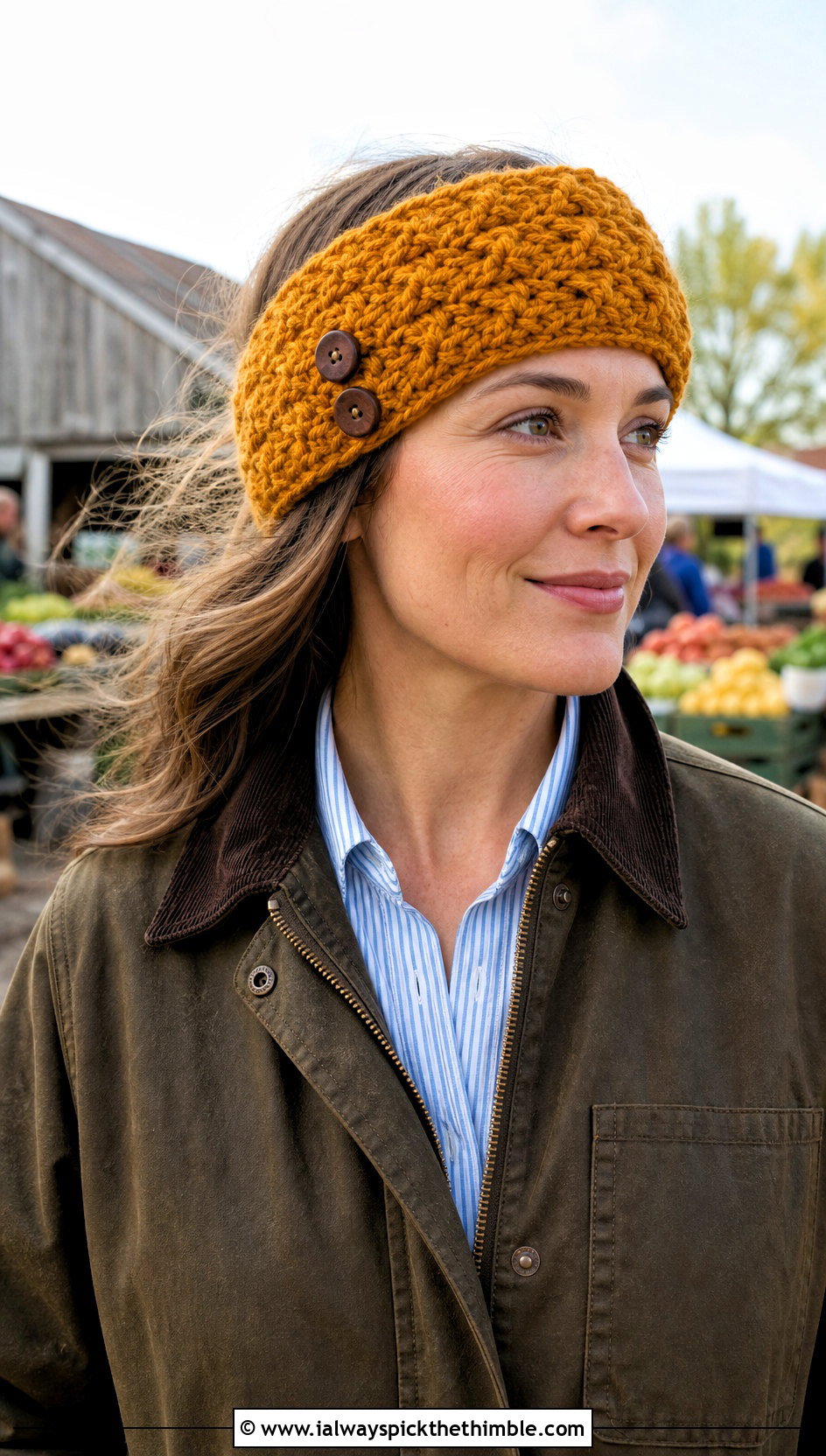 Buttoned Crochet Ear Warmer With Barn Jacket - 20 Crochet Headband Ear Warmer outfit ideas